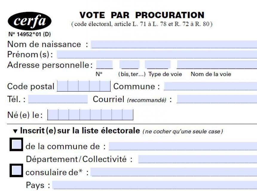Capture d'écran du formulaire pour un vote par procuration