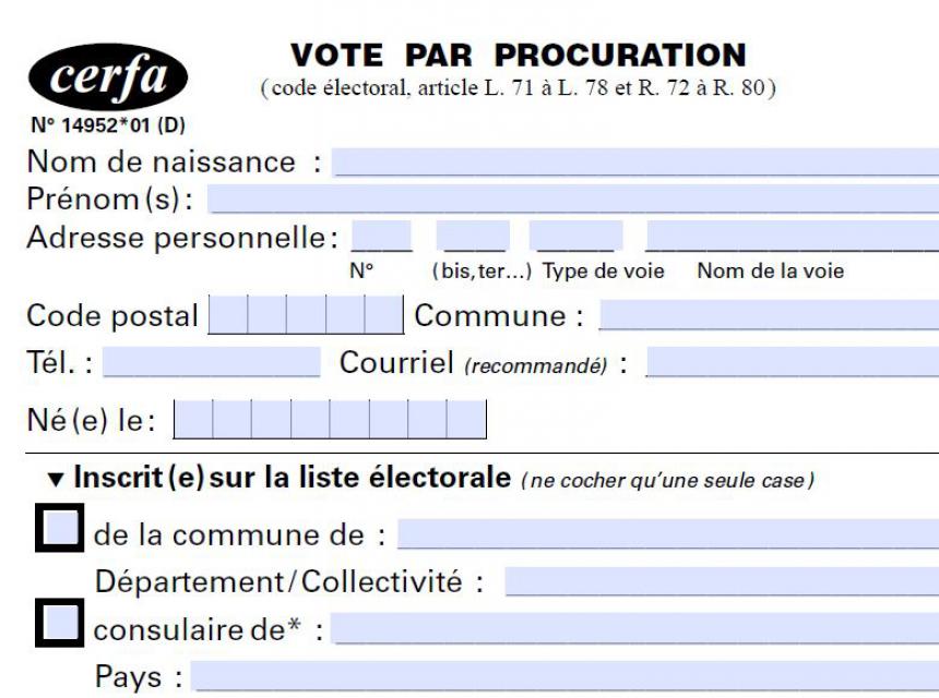 Capture d'écran du formulaire pour un vote par procuration