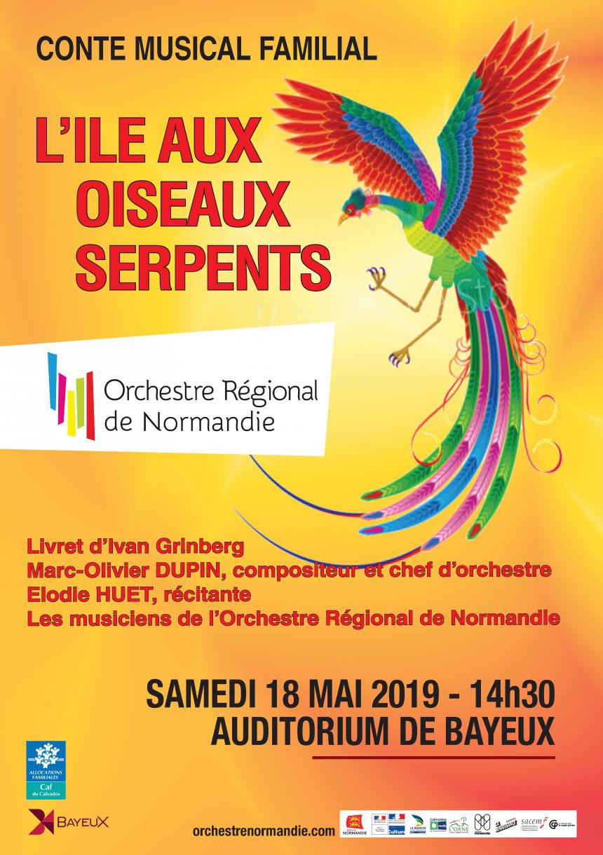 Affiche du spectacle musical l'île aux oiseaux serpents à Bayeux